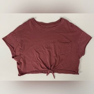 Aerie OFFLINE Oversized Tie Front Cropped Pocket Tee Shirt Mauve Rolled Women XL
